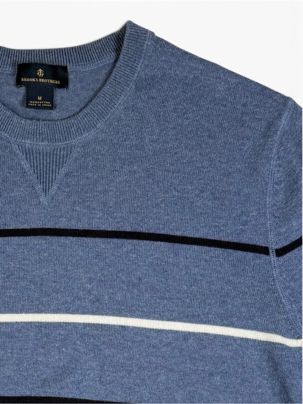 Brooks Brothers Striped Cotton Crewneck Sweater Blue Slim Fit Medium